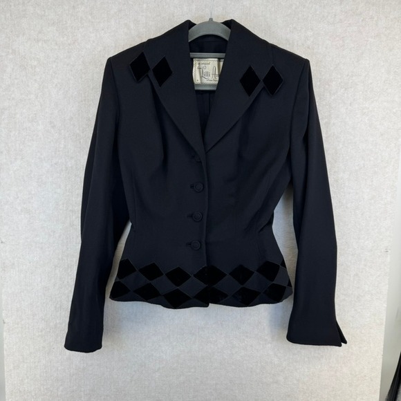 Vtg Lilli Ann Black Velvet Diamond Accent Blazer Jacket Womens